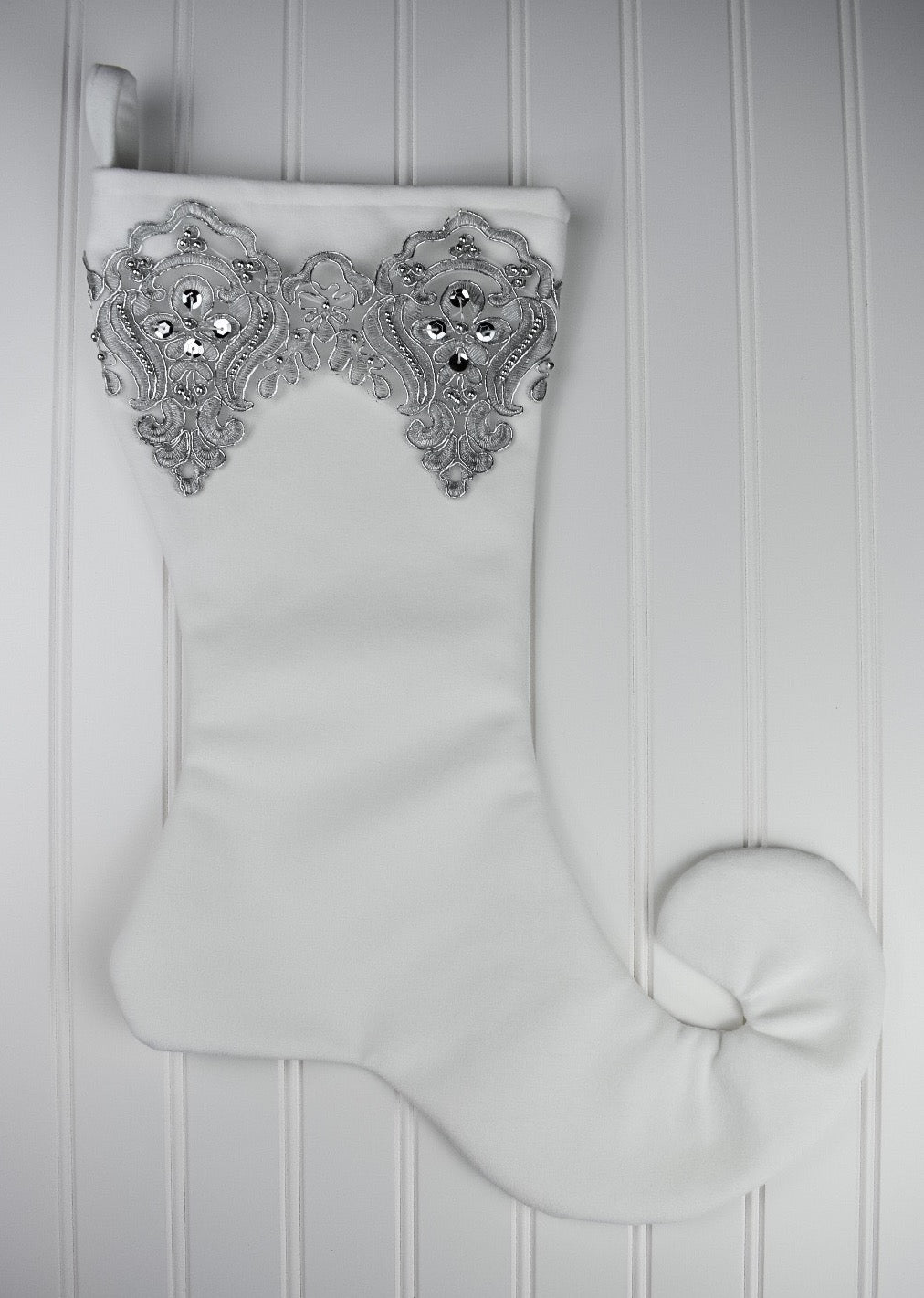 White Velvet Christmas Stocking with Silver Lace Trim