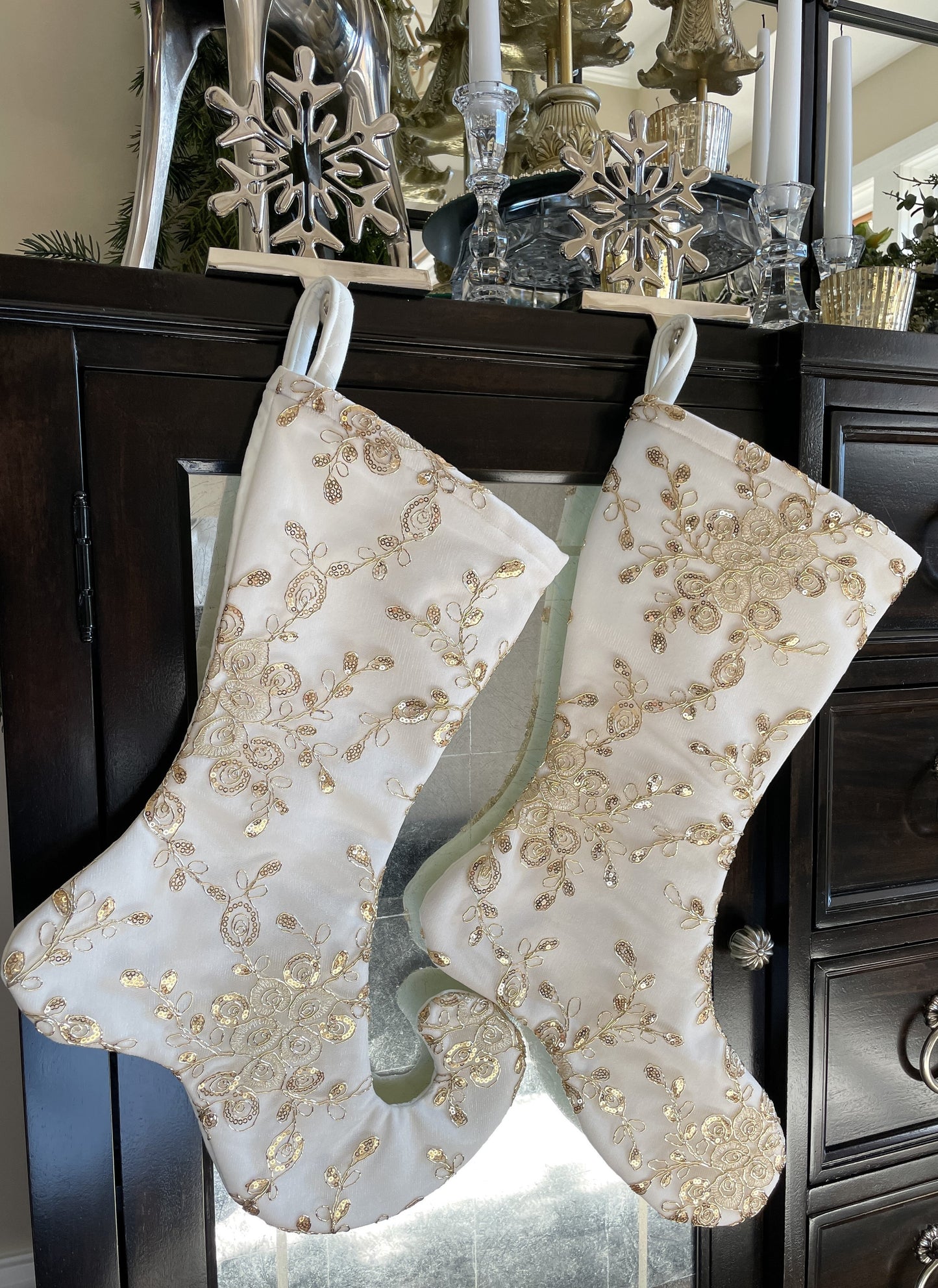 White Velvet Christmas Stocking with Gold Sequin Overlay