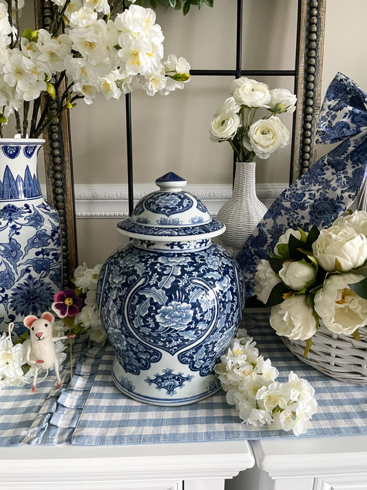 Medium Blue and White Porcelain Temple Jar