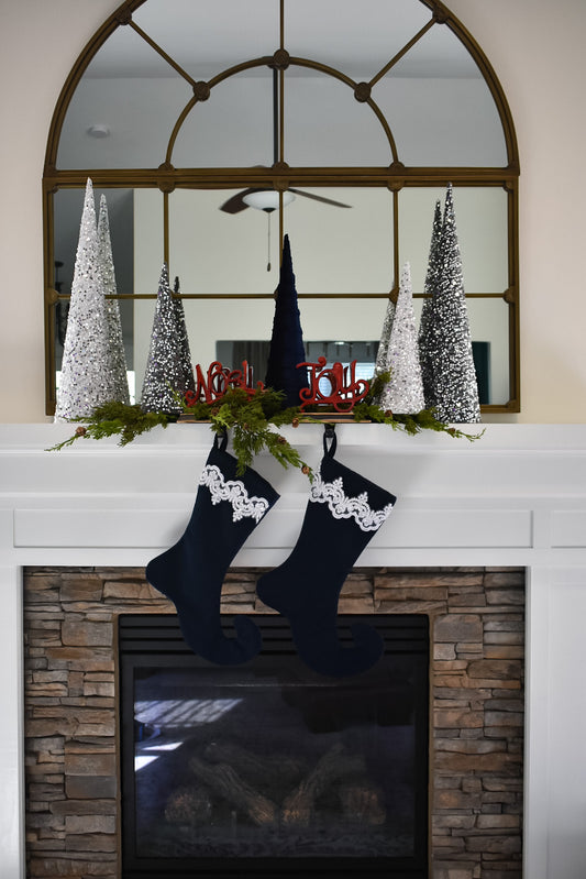 Navy Velvet Christmas Stocking with White Lace Trim