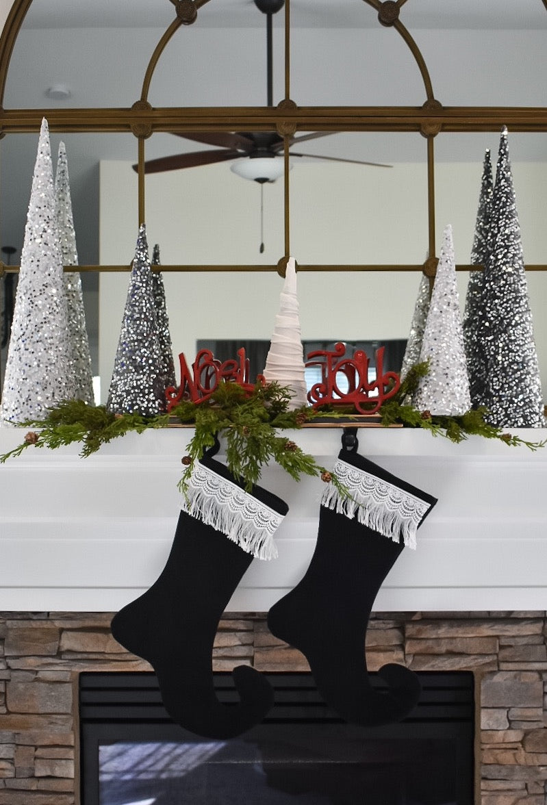 Black Velvet Christmas Stocking with White Fringe Trim