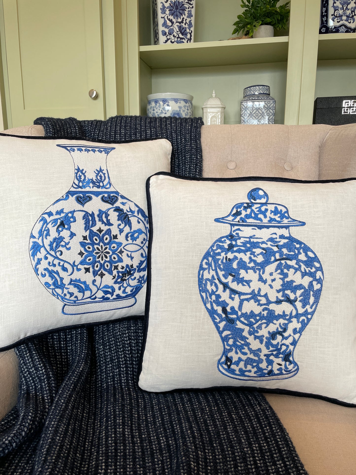 Chinoiserie Vase Embroidered Pillow