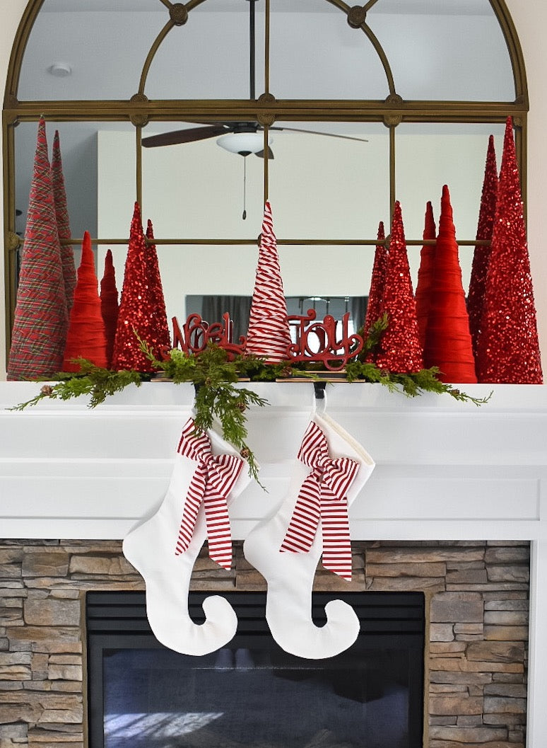 White Velvet Christmas Stocking with Candy Cane Bow