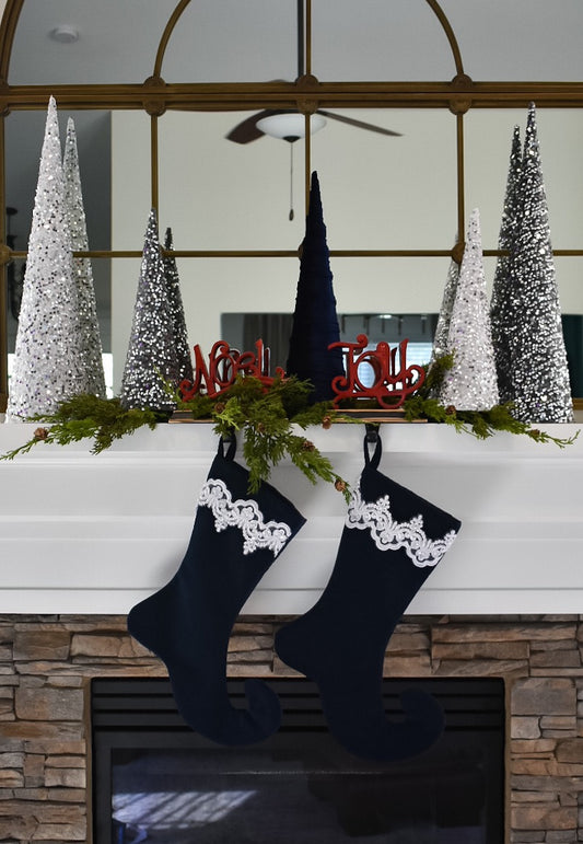 Black Velvet Christmas Stocking with White Lace Trim